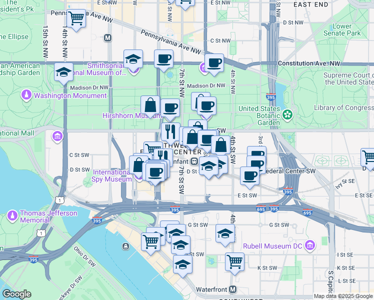 map of restaurants, bars, coffee shops, grocery stores, and more near 101 Independence Avenue Southeast in Washington