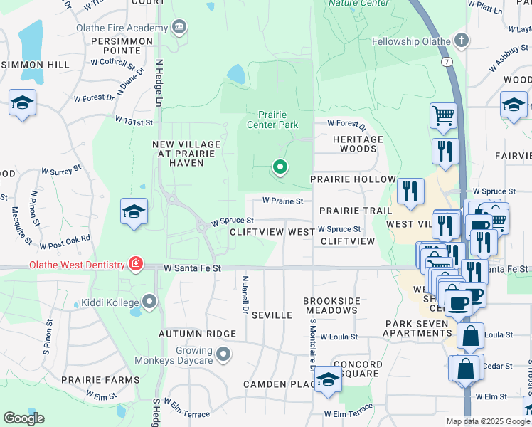 map of restaurants, bars, coffee shops, grocery stores, and more near 1720 West Spruce Street in Olathe