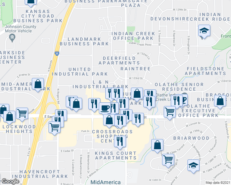 map of restaurants, bars, coffee shops, grocery stores, and more near 325 North Mur-Len Road in Olathe