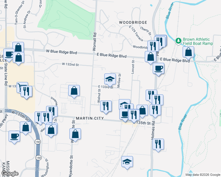 map of restaurants, bars, coffee shops, grocery stores, and more near 201 East 133rd Street in Kansas City