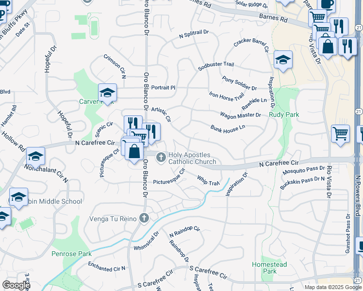 map of restaurants, bars, coffee shops, grocery stores, and more near 4826 Castledown Road in Colorado Springs