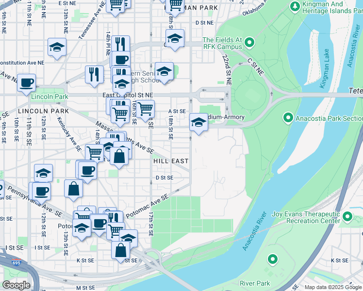 map of restaurants, bars, coffee shops, grocery stores, and more near 1824 Burke Street Southeast in Washington