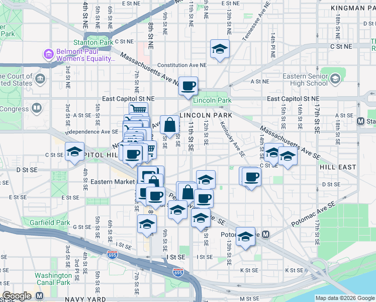 map of restaurants, bars, coffee shops, grocery stores, and more near 101 Independence Avenue Southeast in Washington