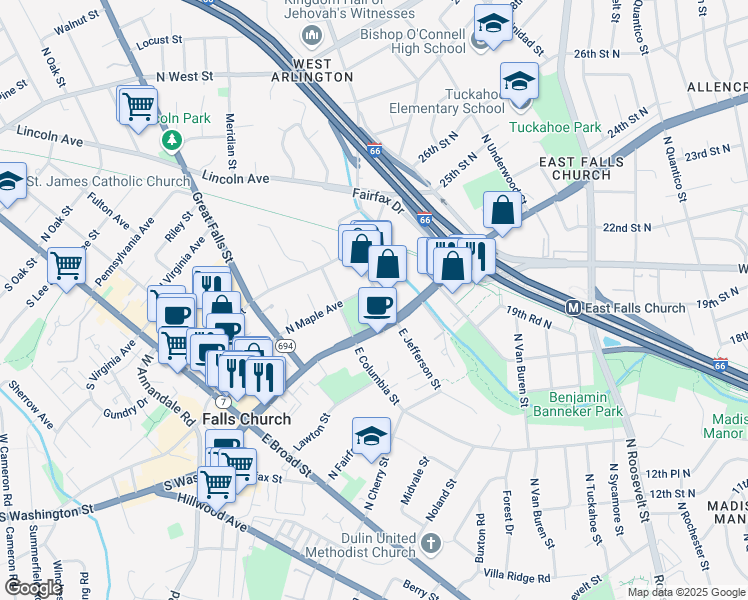 map of restaurants, bars, coffee shops, grocery stores, and more near 101 West Jefferson Street in Falls Church