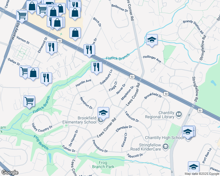 map of restaurants, bars, coffee shops, grocery stores, and more near 4018 Mason Dixon Drive in Chantilly
