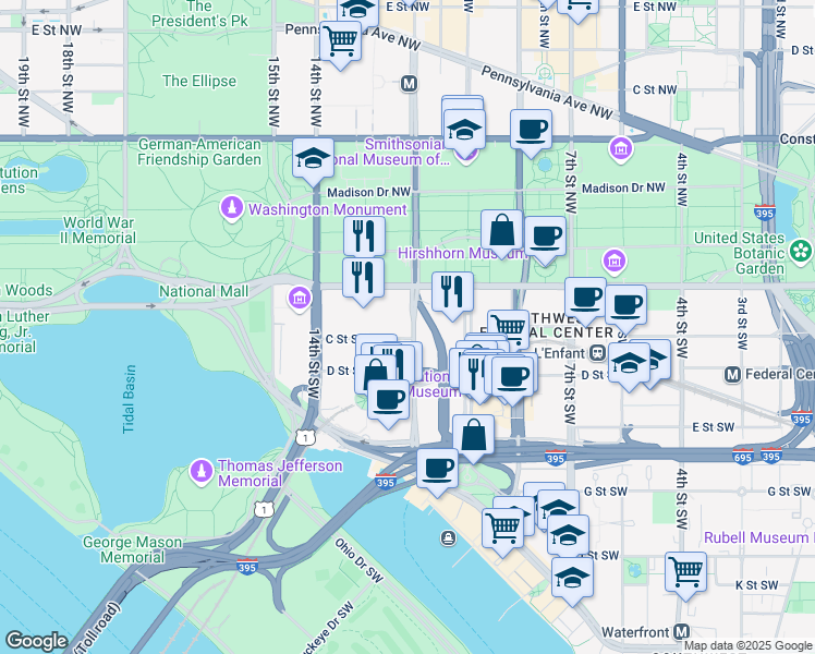 map of restaurants, bars, coffee shops, grocery stores, and more near 105 12th Street Southwest in Washington