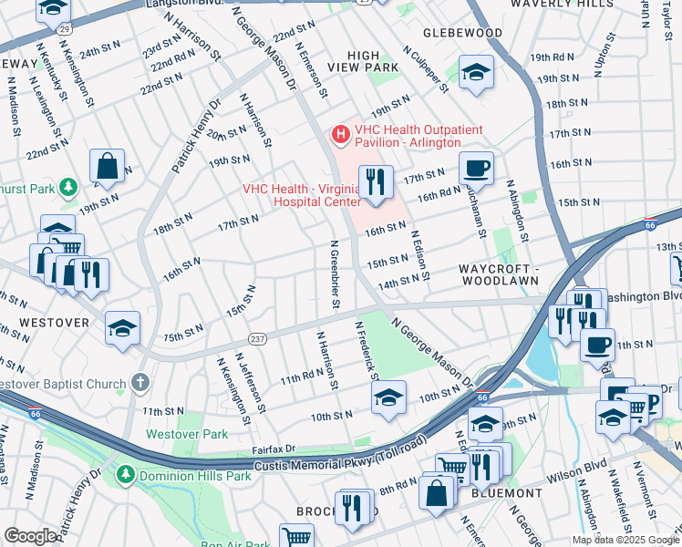 map of restaurants, bars, coffee shops, grocery stores, and more near 1423 North Greenbrier Street in Arlington