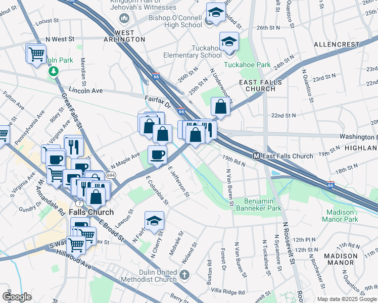 map of restaurants, bars, coffee shops, grocery stores, and more near 2200 North Westmoreland Street in Arlington