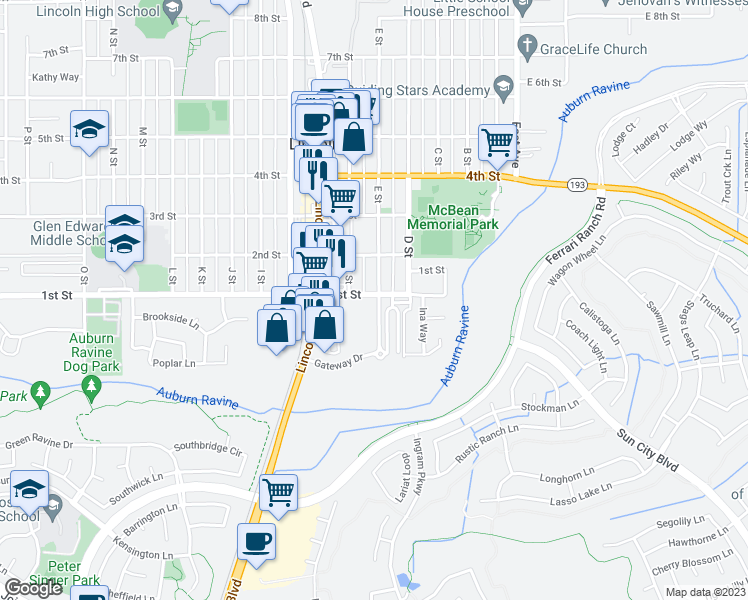 map of restaurants, bars, coffee shops, grocery stores, and more near 551 1st Street in Lincoln