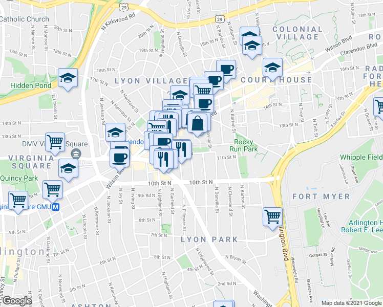 map of restaurants, bars, coffee shops, grocery stores, and more near N Edgewood St & 11th St N in Arlington