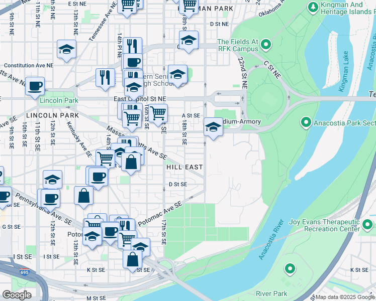 map of restaurants, bars, coffee shops, grocery stores, and more near 1804 Burke Street Southeast in Washington