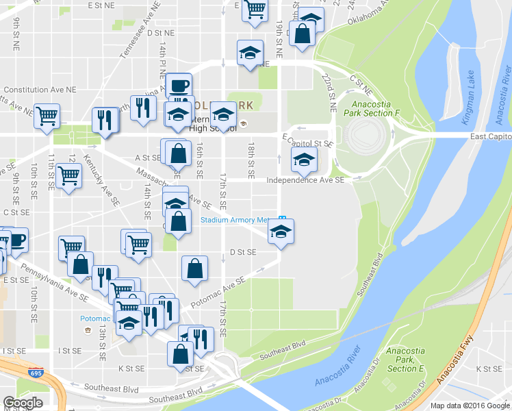 map of restaurants, bars, coffee shops, grocery stores, and more near 1804 Burke Street Southeast in Washington