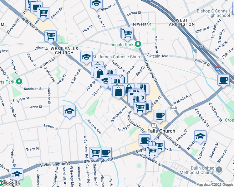 map of restaurants, bars, coffee shops, grocery stores, and more near 444 West Broad Street in Falls Church