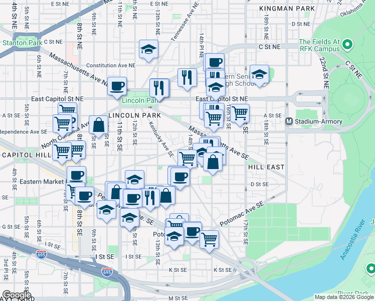 map of restaurants, bars, coffee shops, grocery stores, and more near 101 Independence Avenue Southeast in Washington