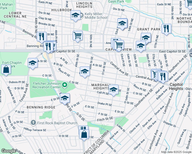 map of restaurants, bars, coffee shops, grocery stores, and more near 5029 B Street Southeast in Washington
