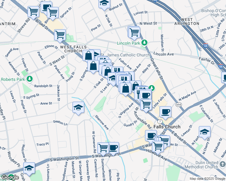 map of restaurants, bars, coffee shops, grocery stores, and more near 513 West Broad Street in Falls Church