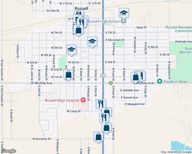 map of restaurants, bars, coffee shops, grocery stores, and more near 98 N Elm St in Russell