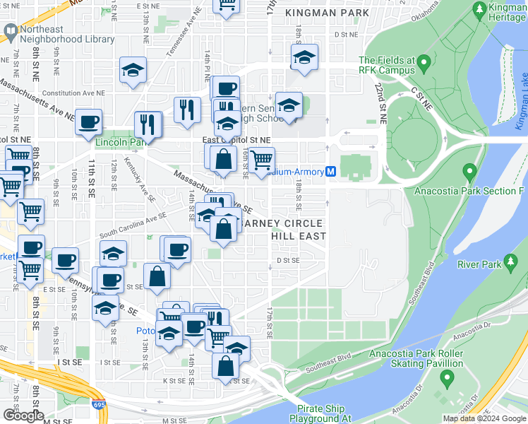 map of restaurants, bars, coffee shops, grocery stores, and more near 1636 Massachusetts Avenue Southeast in Washington