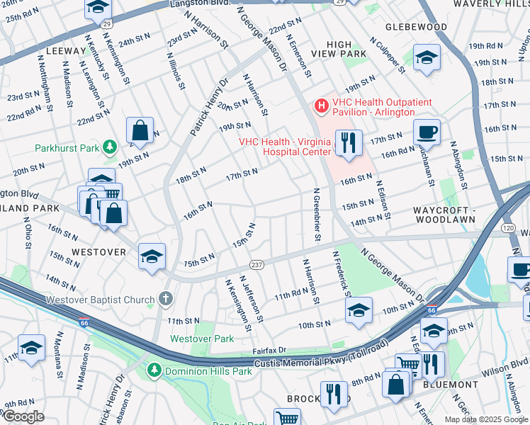 map of restaurants, bars, coffee shops, grocery stores, and more near 5529 15th Street North in Arlington