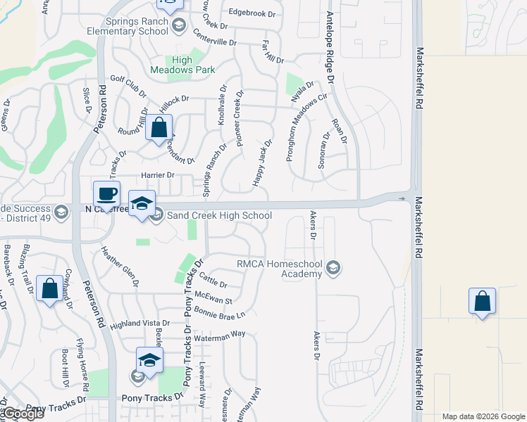 map of restaurants, bars, coffee shops, grocery stores, and more near 3653 Boot Spur Court in Colorado Springs
