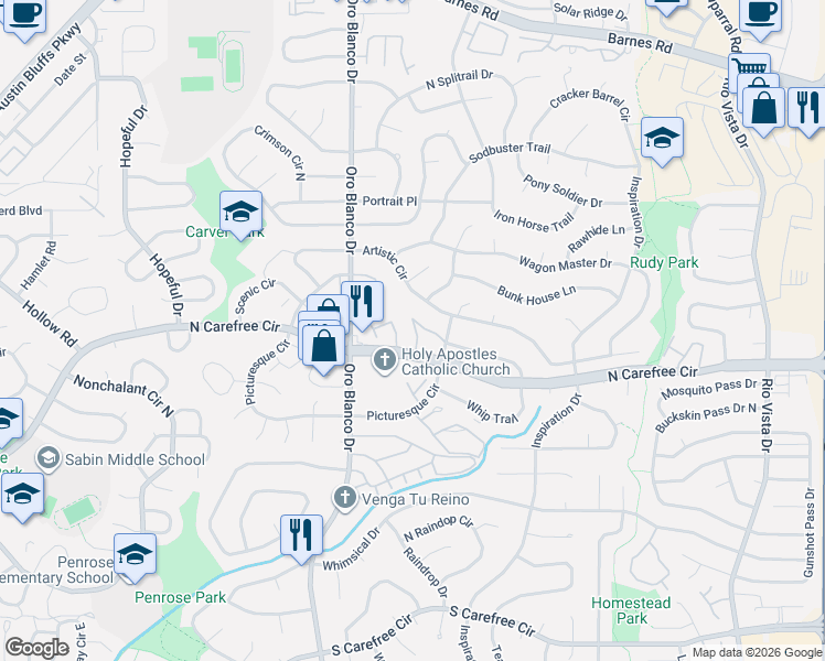 map of restaurants, bars, coffee shops, grocery stores, and more near 4826 Castledown Road in Colorado Springs