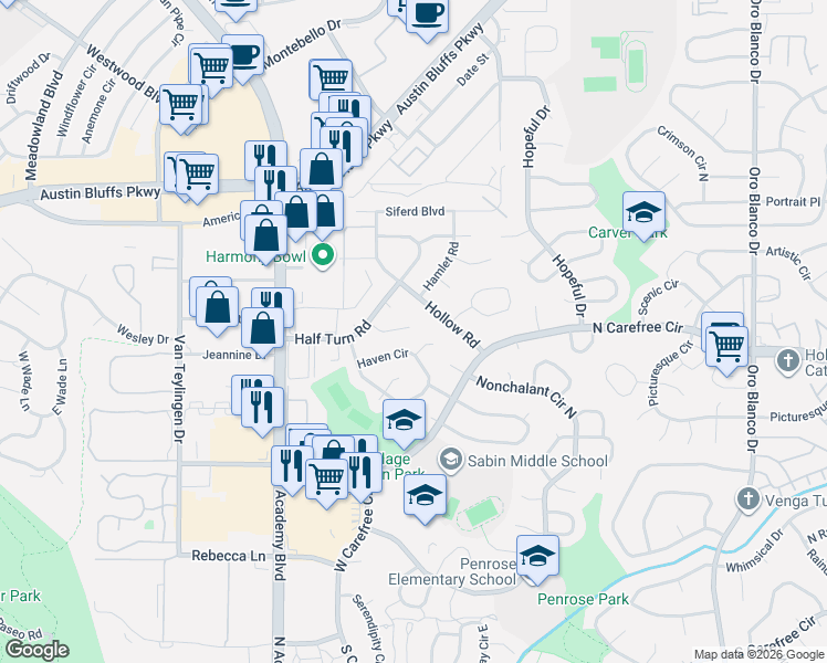 map of restaurants, bars, coffee shops, grocery stores, and more near 3560 Haven Circle in Colorado Springs