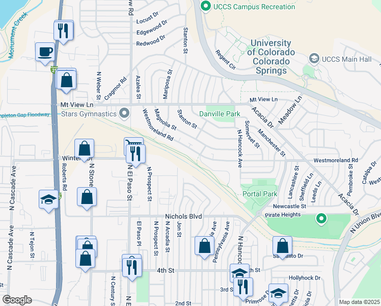map of restaurants, bars, coffee shops, grocery stores, and more near 1073 Westmoreland Road in Colorado Springs