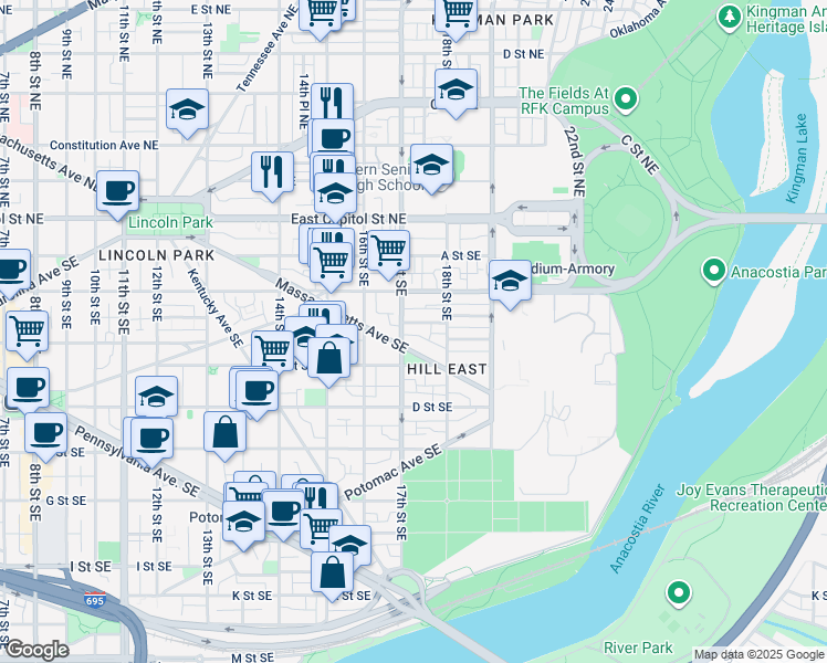 map of restaurants, bars, coffee shops, grocery stores, and more near 101 Independence Avenue Southeast in Washington