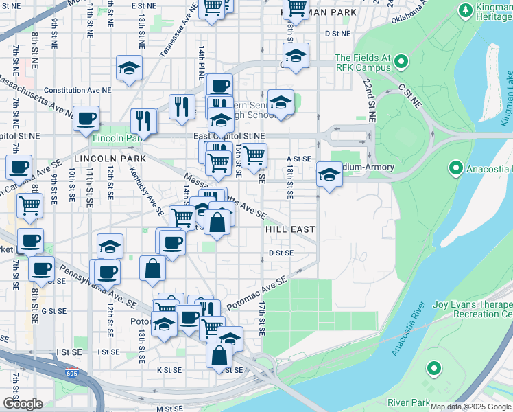 map of restaurants, bars, coffee shops, grocery stores, and more near 1636 Massachusetts Avenue Southeast in Washington