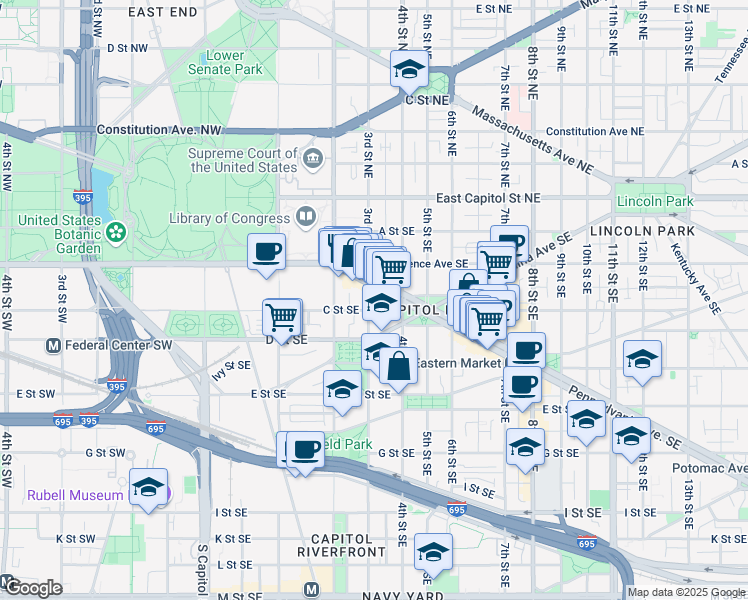 map of restaurants, bars, coffee shops, grocery stores, and more near 101 Independence Avenue Southeast in Washington