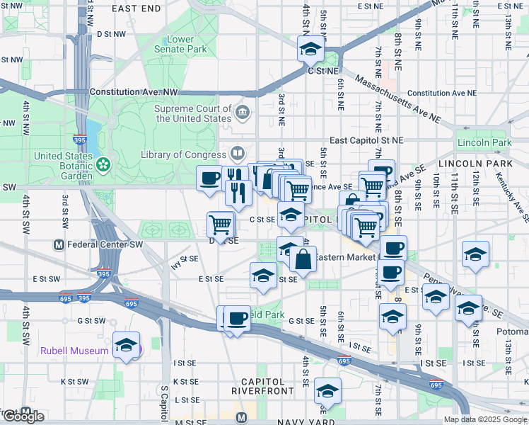 map of restaurants, bars, coffee shops, grocery stores, and more near 101 Independence Avenue Southeast in Washington