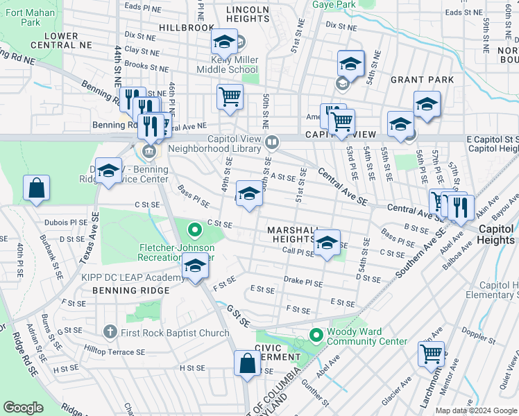 map of restaurants, bars, coffee shops, grocery stores, and more near 219 50th Street Southeast in Washington