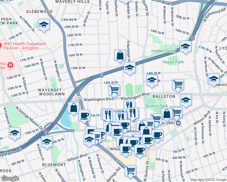 map of restaurants, bars, coffee shops, grocery stores, and more near 1224 North Stuart Street in Arlington