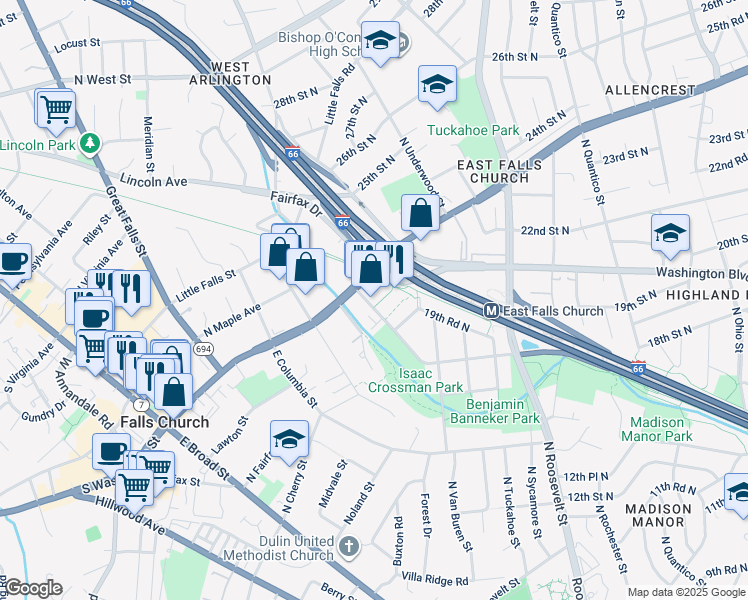 map of restaurants, bars, coffee shops, grocery stores, and more near 2121 North Westmoreland Street in Arlington