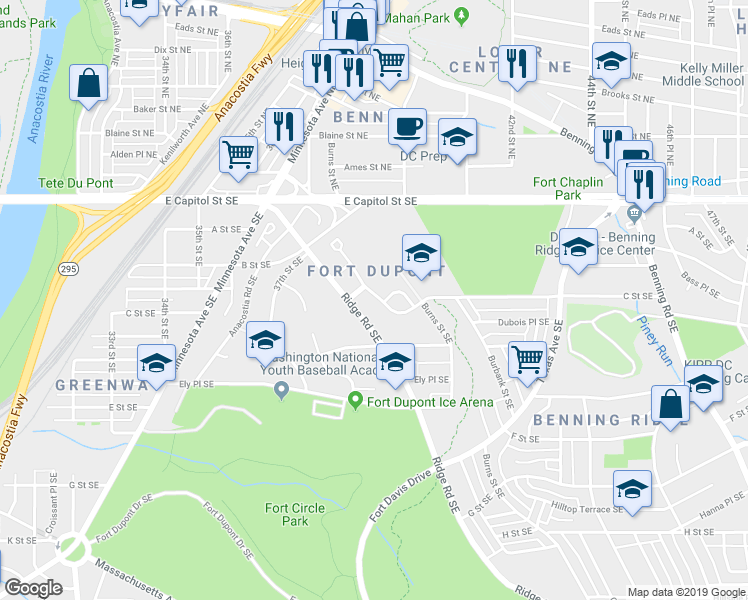 map of restaurants, bars, coffee shops, grocery stores, and more near 3923 C Street Southeast in Washington