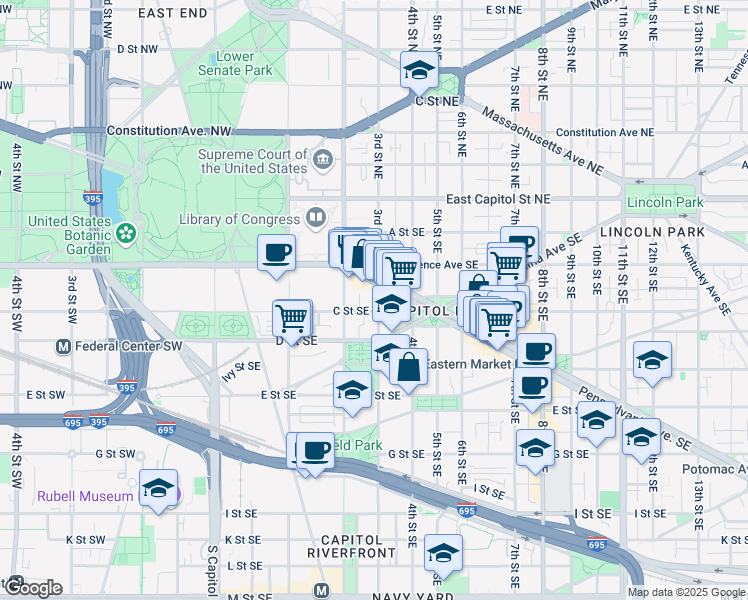 map of restaurants, bars, coffee shops, grocery stores, and more near 101 Independence Avenue Southeast in Washington