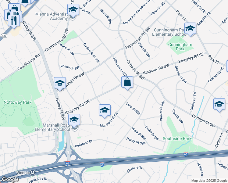 map of restaurants, bars, coffee shops, grocery stores, and more near 506 Kingsley Road Southwest in Vienna