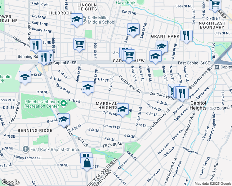 map of restaurants, bars, coffee shops, grocery stores, and more near 5124 B Street Southeast in Washington