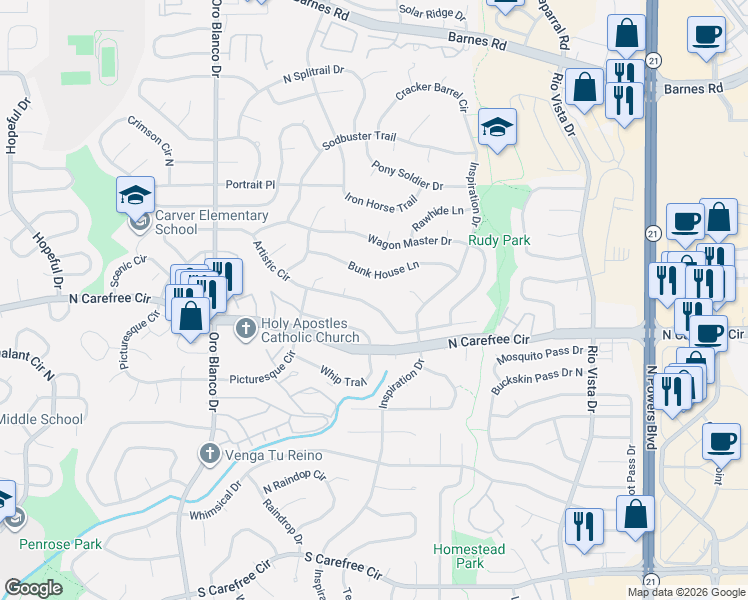 map of restaurants, bars, coffee shops, grocery stores, and more near 5170 Artistic Circle in Colorado Springs