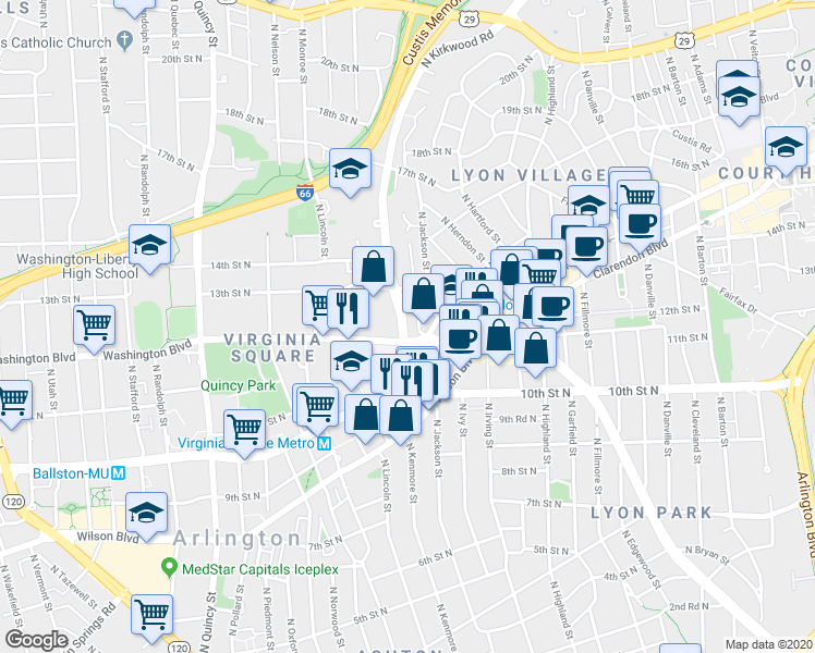 map of restaurants, bars, coffee shops, grocery stores, and more near 1119 North Kirkwood Road in Arlington