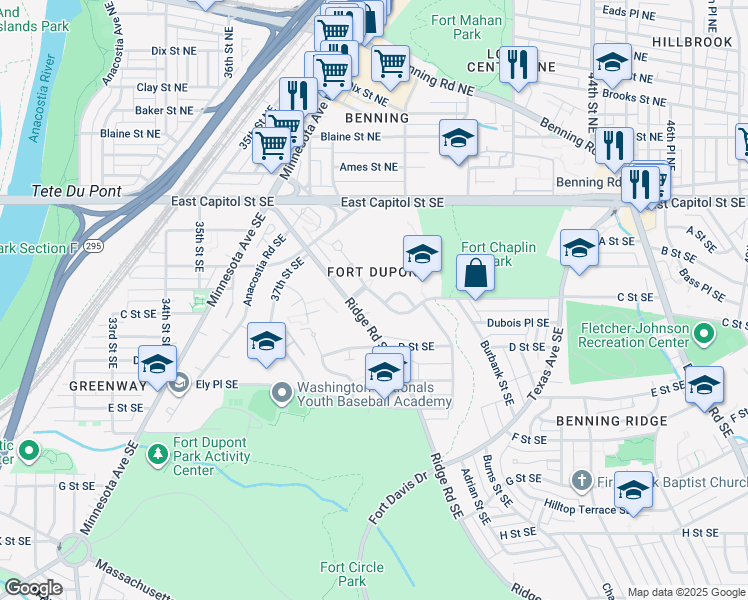 map of restaurants, bars, coffee shops, grocery stores, and more near 3921 C Street Southeast in Washington