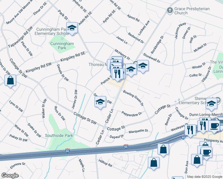 map of restaurants, bars, coffee shops, grocery stores, and more near 200 Cedar Lane Southeast in Vienna