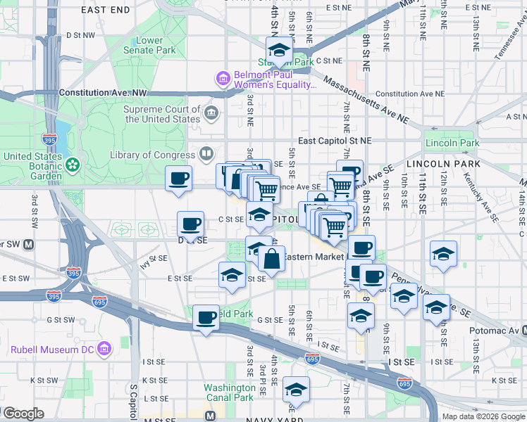 map of restaurants, bars, coffee shops, grocery stores, and more near 101 Independence Avenue Southeast in Washington