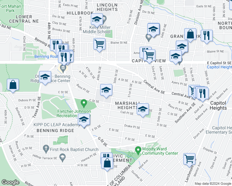 map of restaurants, bars, coffee shops, grocery stores, and more near 5011 B Street Southeast in Washington