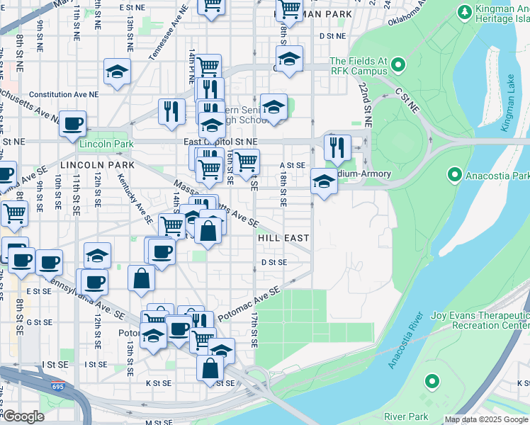 map of restaurants, bars, coffee shops, grocery stores, and more near 1713 Bay Street Southeast in Washington