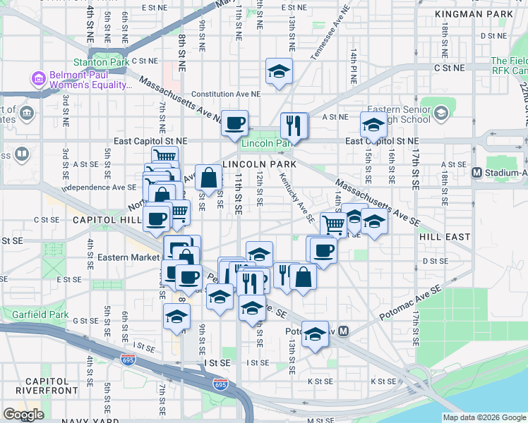map of restaurants, bars, coffee shops, grocery stores, and more near 101 Independence Avenue Southeast in Washington