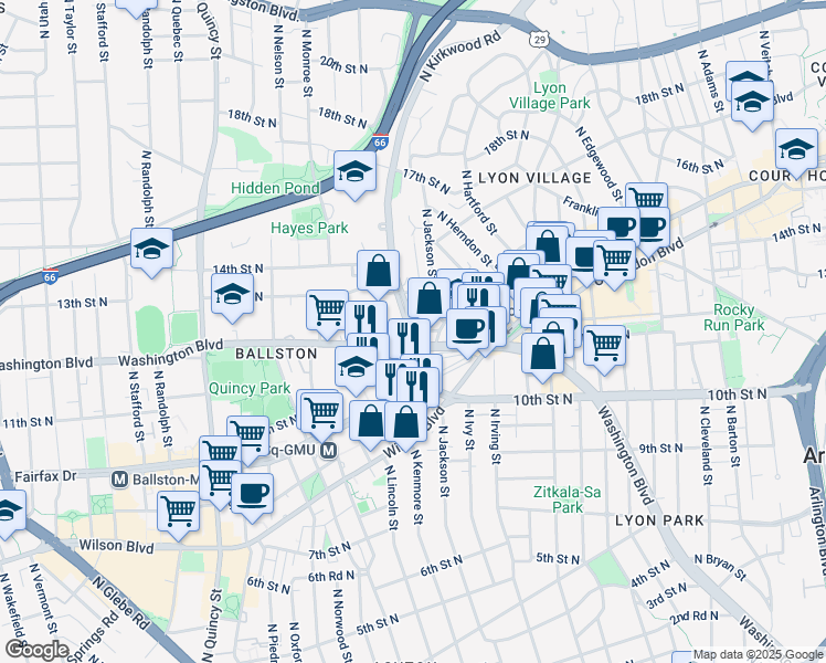 map of restaurants, bars, coffee shops, grocery stores, and more near 1119 North Kirkwood Road in Arlington