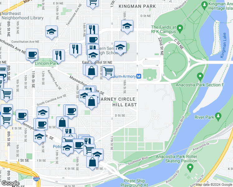 map of restaurants, bars, coffee shops, grocery stores, and more near 1713 Bay Street Southeast in Washington