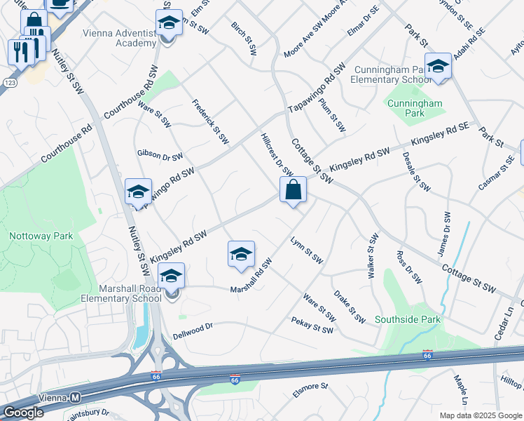 map of restaurants, bars, coffee shops, grocery stores, and more near 506 Kingsley Road Southwest in Vienna
