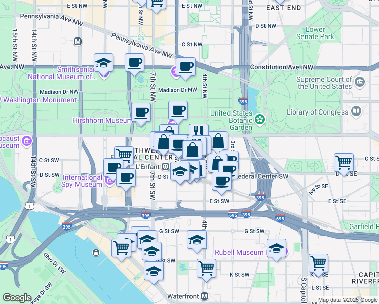map of restaurants, bars, coffee shops, grocery stores, and more near 400 Maryland Avenue Southwest in Washington